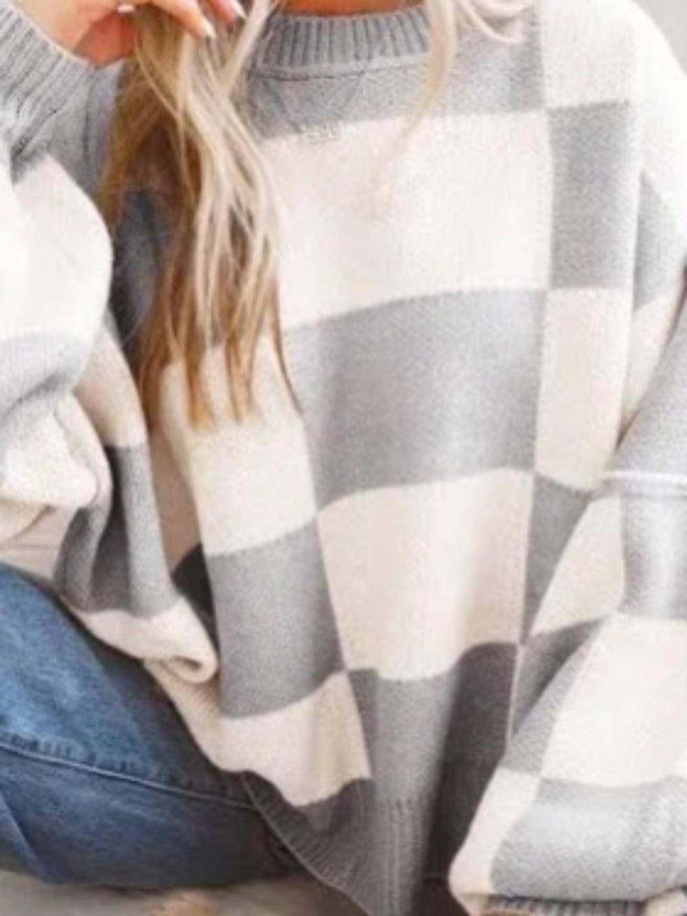 Grey Plaid Elegant Bishop Sleeve Crew Neck Sweater, Long Sleeve Top SHEIN